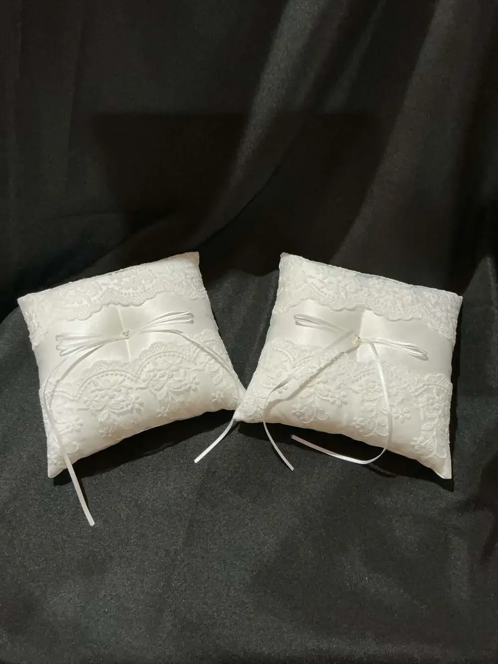 White Satin and Lace Ring Bearer Pillow with Pearl Accents and Ribbons